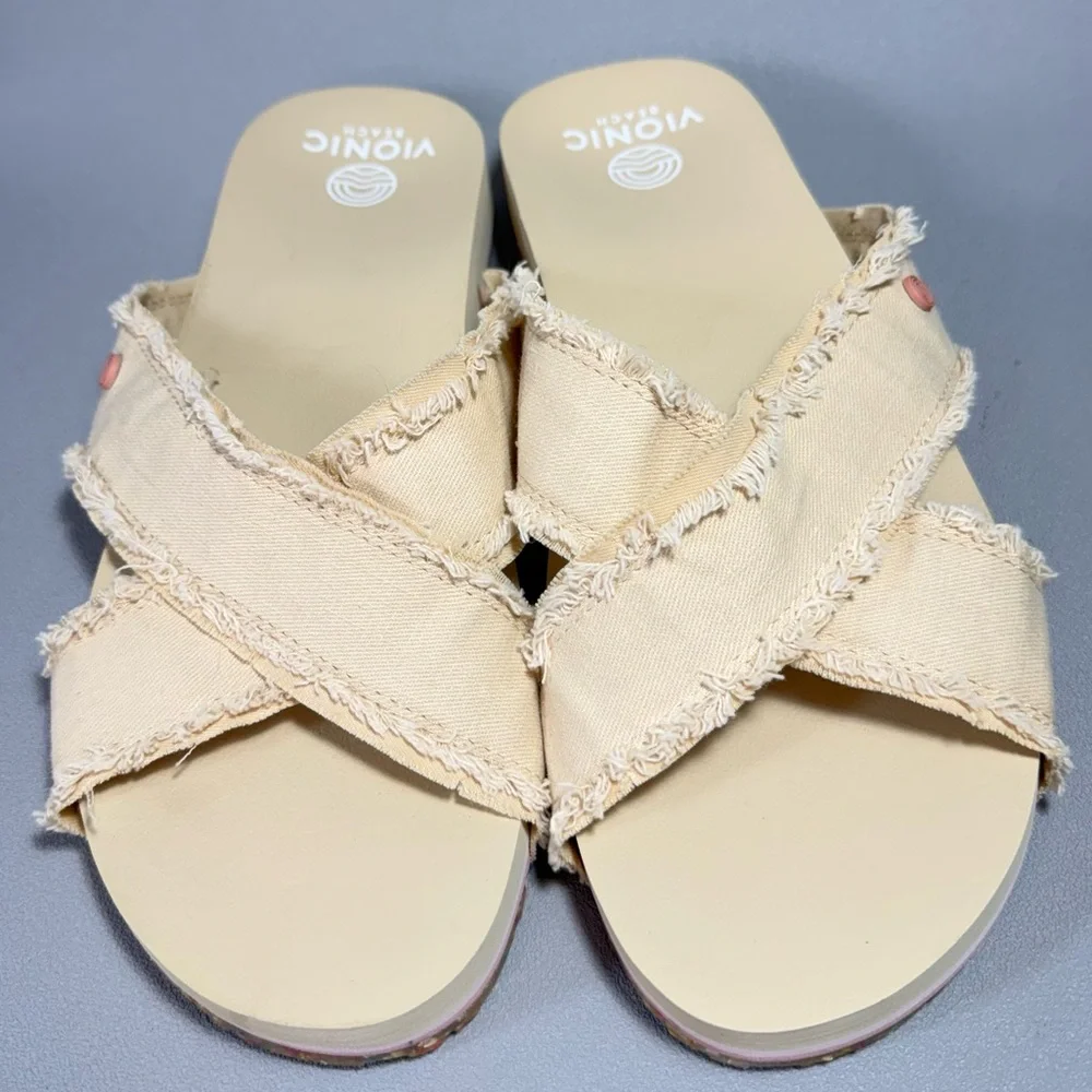 Vionic Boardwalk Panama Beige Canvas Crisscross Slip-On Slide Sandals